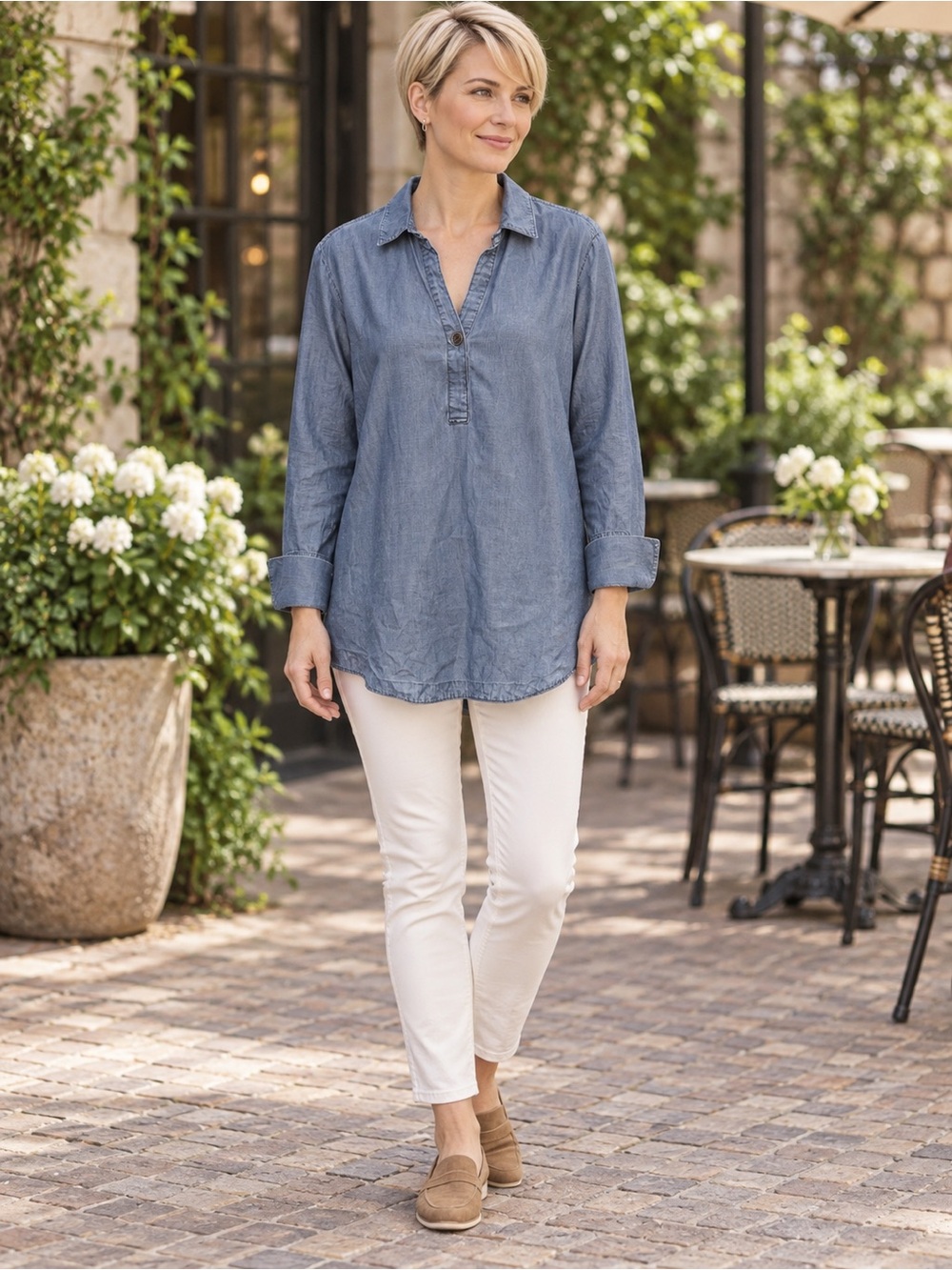 Chico's Blue Chambray Button-Front Tunic